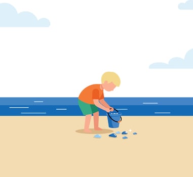 A young boy collecting seashells at the beach in a minimal, colorful illustration vector