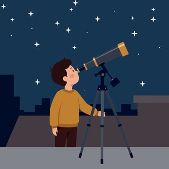 Boy gazing through telescope on rooftop at night in flat illustration vector