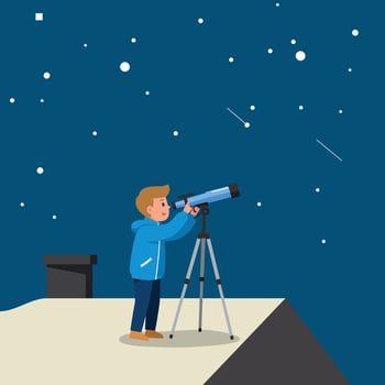Young boy observing stars through telescope on rooftop in flat art vector