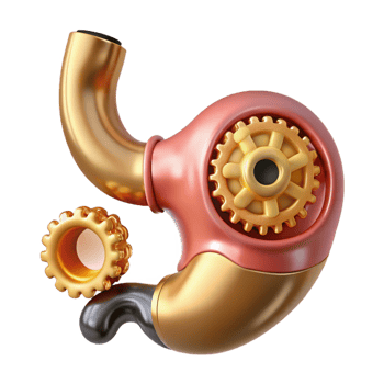 exemplary coastal Hyper-specific photorealistic biomechanical stomach, digestive system exposed, churning gears, brass and gold, isolated cutout with Transparent Background ultra HD png