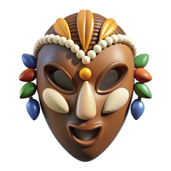 immaculate celebrated Photorealistic ultra-detailed isolated cutout of a single tribal mask adorned with cowrie shells and colorful beads with Transparent Background png