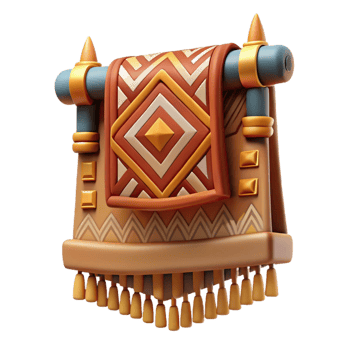 dazzling nostalgic art deco Concept art style, isolated cutout of a single tribal woven tapestry with a complex narrative scene depicted in abstract patterns with Transparent Background museum quality png