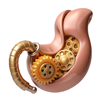 exceptional surreal Hyper-specific photorealistic biomechanical stomach, digestive system exposed, churning gears, brass and gold, isolated cutout with Transparent Background masterfully captured png
