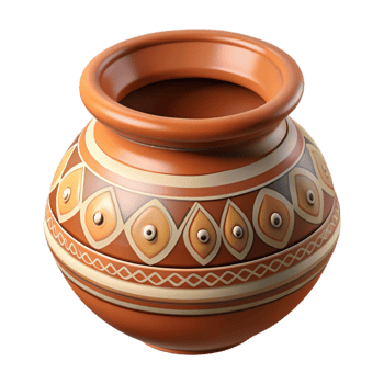 radiant geometric Ultra-detailed, photorealistic, isolated cutout of a tribal clay pot, hand-painted patterns, geometric designs, earthenware with Transparent Background refined png