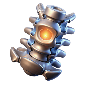 calm breathtaking Cybernetic spine implant, metallic vertebrae, glowing core with Transparent Background flawless png
