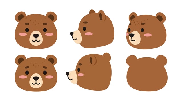 Cute cartoon bear heads in flat style showcasing different angles illustration vector