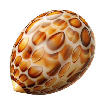distinguished coastal Professional render concept art style isolated cutout of a polished tiger cowrie shell, glossy, vibrant, intricate patterns, with Transparent Background original png