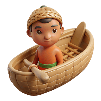 immaculate mysterious retro Concept art style isolated cutout professional render of a tribal child's miniature woven canoe with Transparent Background 4K png