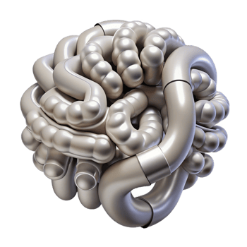 enchanting creative Concept art style biomechanical intestine, intricate network of tubes and villi, pulsating segments, silver and platinum, isolated cutout with Transparent Background detailed png