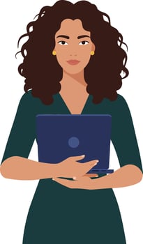 Professional woman holding laptop in green dress flat art vector