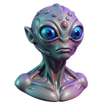 gorgeous urban Alien creature bust with iridescent scales and three eyes with Transparent Background museum quality png