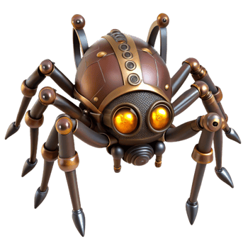 extraordinary urban Steampunk clockwork spider with moving legs and glowing eyes with Transparent Background impeccable png