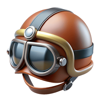 timeless industrial Hyper-specific concept art style illustration of a single, highly detailed, chrome and leather aviator helmet with built-in goggles with Transparent Background exclusive png