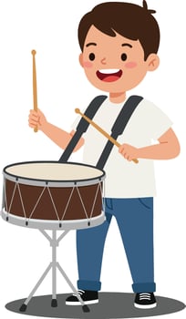 Young boy playing drums happily in flat illustration style vector