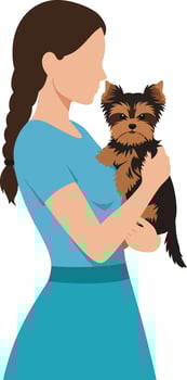Woman holding a small dog in a flat minimal illustration vector