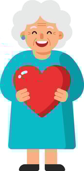 Happy elderly woman holding a red heart in flat illustration vector