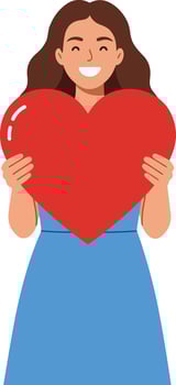 Happy woman holding a large red heart in flat art style vector