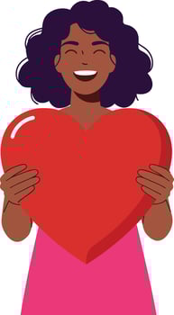 Woman joyfully holding a large red heart in minimal illustration vector