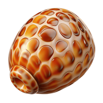 dynamic fascinating Professional render concept art style isolated cutout of a polished tiger cowrie shell, glossy, vibrant, intricate patterns, with Transparent Background high quality png
