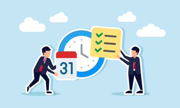 Two businessmen, one holding a checklist and the other a calendar, standing in front of a clock, illustration of designing an effective and efficient business time schedule vector