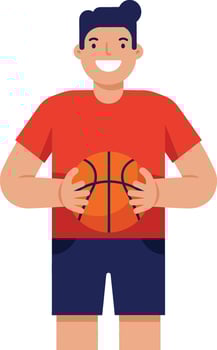Happy basketball player holding an orange ball in a flat illustration vector
