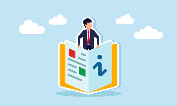 Businessman is behind an information book, illustration of using a manual or reference book for learning, research, or business information purpose vector