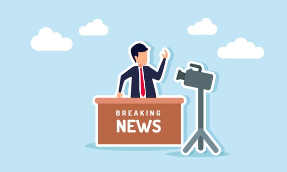 Businessman broadcasts breaking news, illustration of reporting important and ongoing events live through media for fast and accurate public information delivery vector