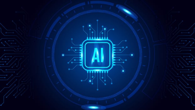 Artificial intelligence futuristic microchip CPU circuit board blue light background. Micro chip line . Digital Technology. Motherboard, CPU, Processor and Artificial Intelligence Concept. vector