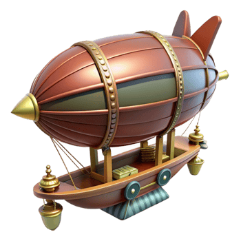 harmonious beautiful Concept art style, hyper-specific rendering of a steampunk zeppelin miniature with intricate details and a gondola Isolated cutout with Transparent Background luxury png