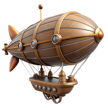 magnificent nostalgic futuristic Steampunk zeppelin miniature with detailed gondolas and propellers with Transparent Background expertly shot png