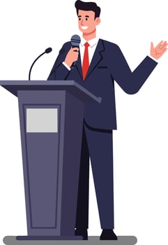Businessman presenting speech at podium in flat illustration style vector