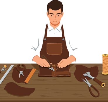 Craftsman working on leather project with tools in flat art vector
