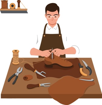 Skilled shoemaker crafting leather shoes in minimal flat art vector