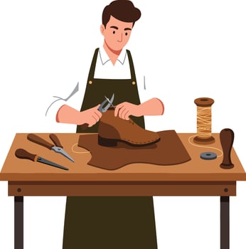 Craftsman working on leather shoe with tools in minimal flat illustration vector