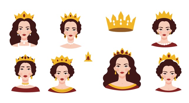 Illustrated sequence of queen characters displaying different styles and crowns in various expressions vector