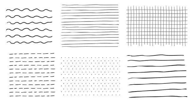 Grid square hand drawn textured lines, notebook grid and striped pattern. Set Doodle geometric net, chalk or crayon stroke. vector
