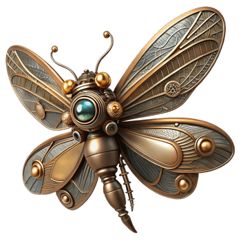 ethereal pristine Steampunk dragonfly automaton with delicate metal wings and gears with Transparent Background exclusive png