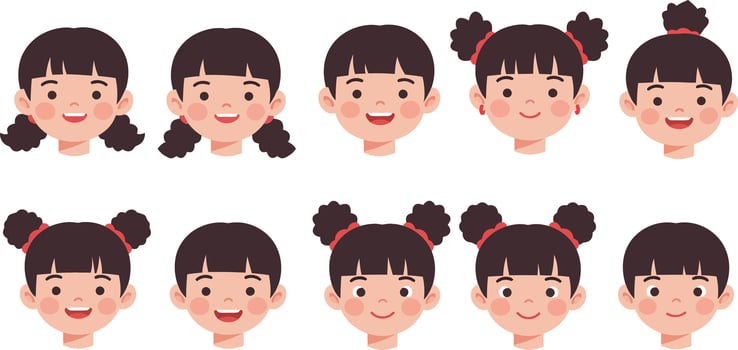 Different hairstyles showcased on cartoon girls face with cheerful expressions and styles vector