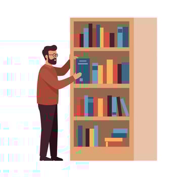 Man organizing books on a shelf in flat illustration vector