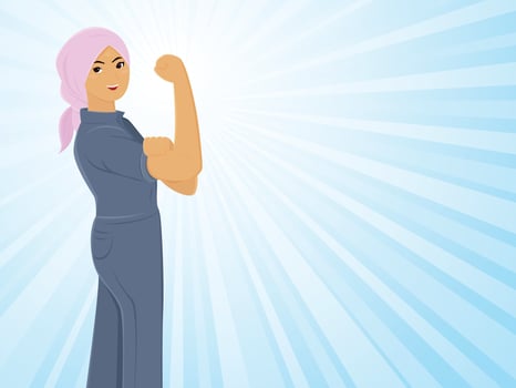 Muslim woman in blue uniform with pink headscarf showing her muscles vector