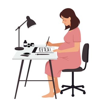 Woman sitting at desk creating artwork in minimal flat illustration vector