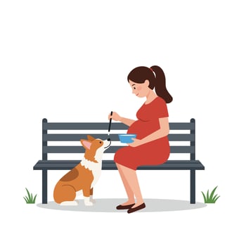 Pregnant woman feeding her dog on a park bench in flat illustration vector