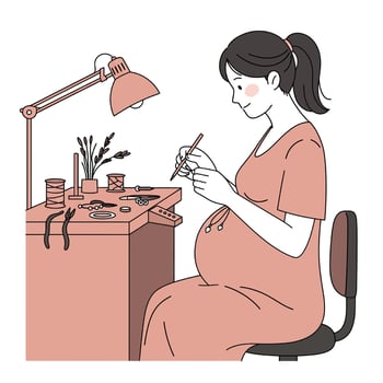 Pregnant woman crafting jewelry at desk in minimal art vector