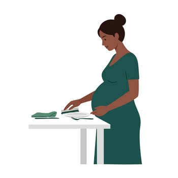 Pregnant woman reading a book while standing at a table in flat art vector