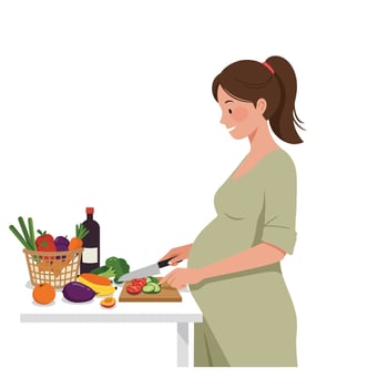Pregnant woman preparing healthy meal with fresh vegetables in flat art vector