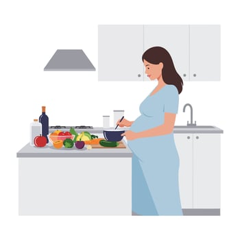 Pregnant woman cooking healthy meal in modern kitchen flat illustration vector