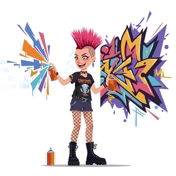 Colorful punk girl spray painting vibrant graffiti in flat art vector
