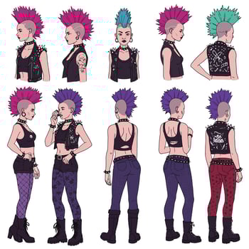 Punk style character design with vibrant colors and edgy fashion in flat illustration vector