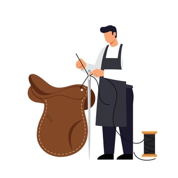 Saddle maker sewing leather with thread in flat illustration vector
