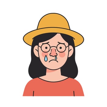 Sad girl with glasses and hat in flat art style vector